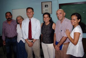 Moody (third from left), with faculty from the University of Havana School of Psychology: M.Sc. Reynaldo Rojas, the vice-dean of foreign relations and research; Professor Marta Martínez, an industrial organizational psychologist (who often serves as a translator for Moody); Dean M.Sc. Karelin López Sanchez, Dr. Eduardo Cairo, professor of neuropsychology and clinical psychology; M.Sc. Greter Saura, a vice-dean of distance education and professor of developmental psychology.