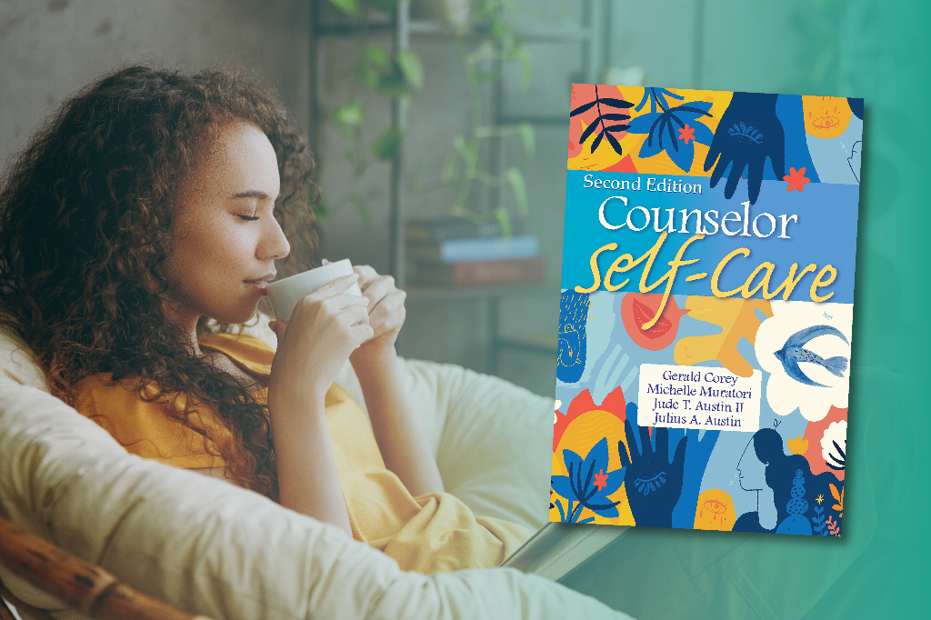 A woman sitting on a chair drinking coffee or tea with her eyes closed and the cover image of the Counselor Self-Care book, second edition