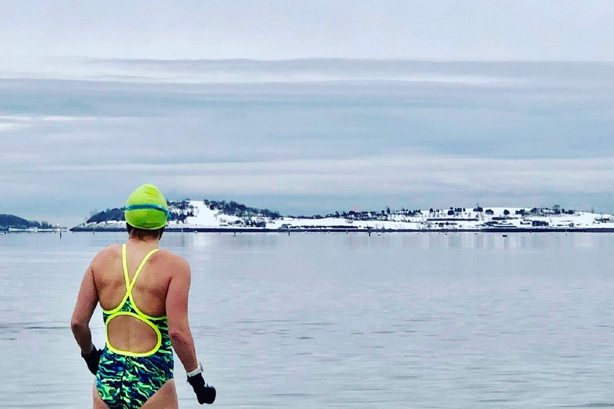 A swimmer preparing to swim across Lake Memphremagog