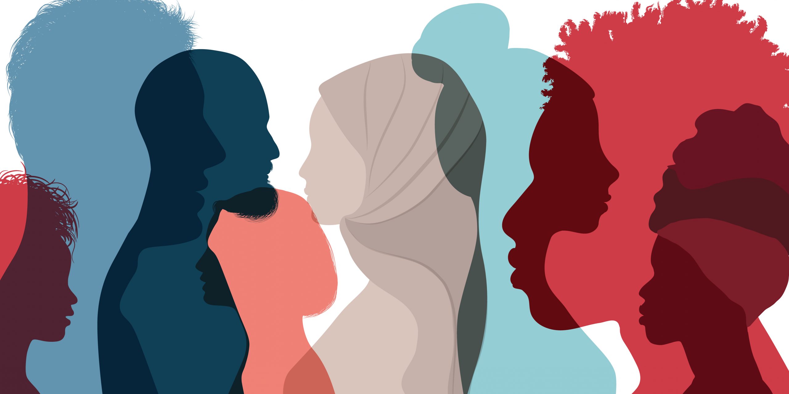 A silhouette profile group of men and women of diverse cultures