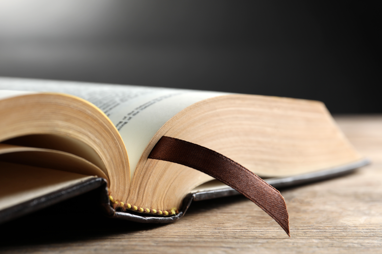 Open book with brown bookmark